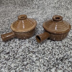 Speckled Brown Ceramic Soup Bowls with Lids and Side Handles - Set of 2